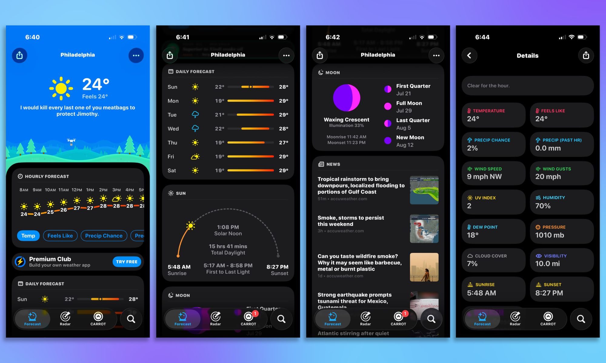Carrot Weather screenshots on blue gradient background