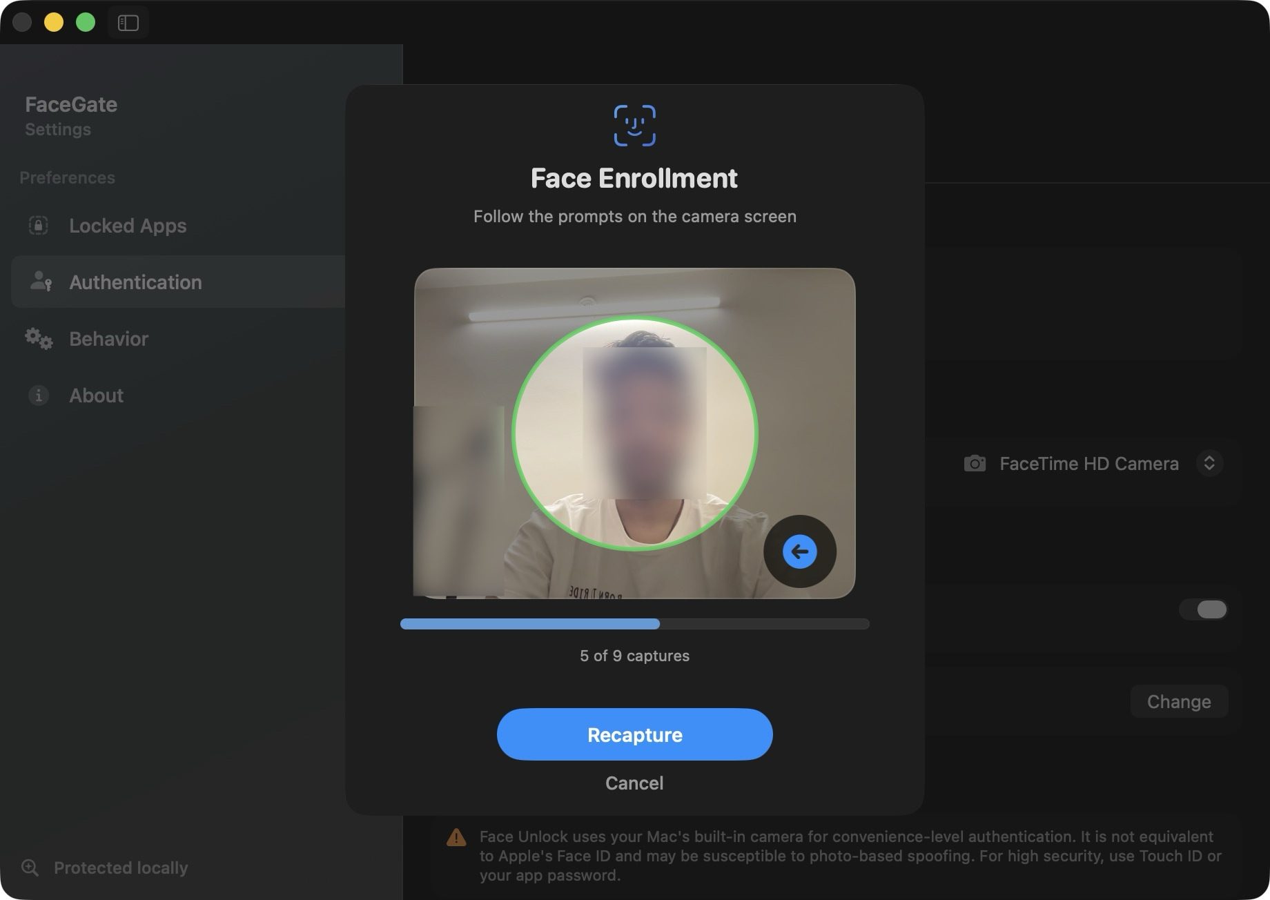 FaceGate face unlock enrolling