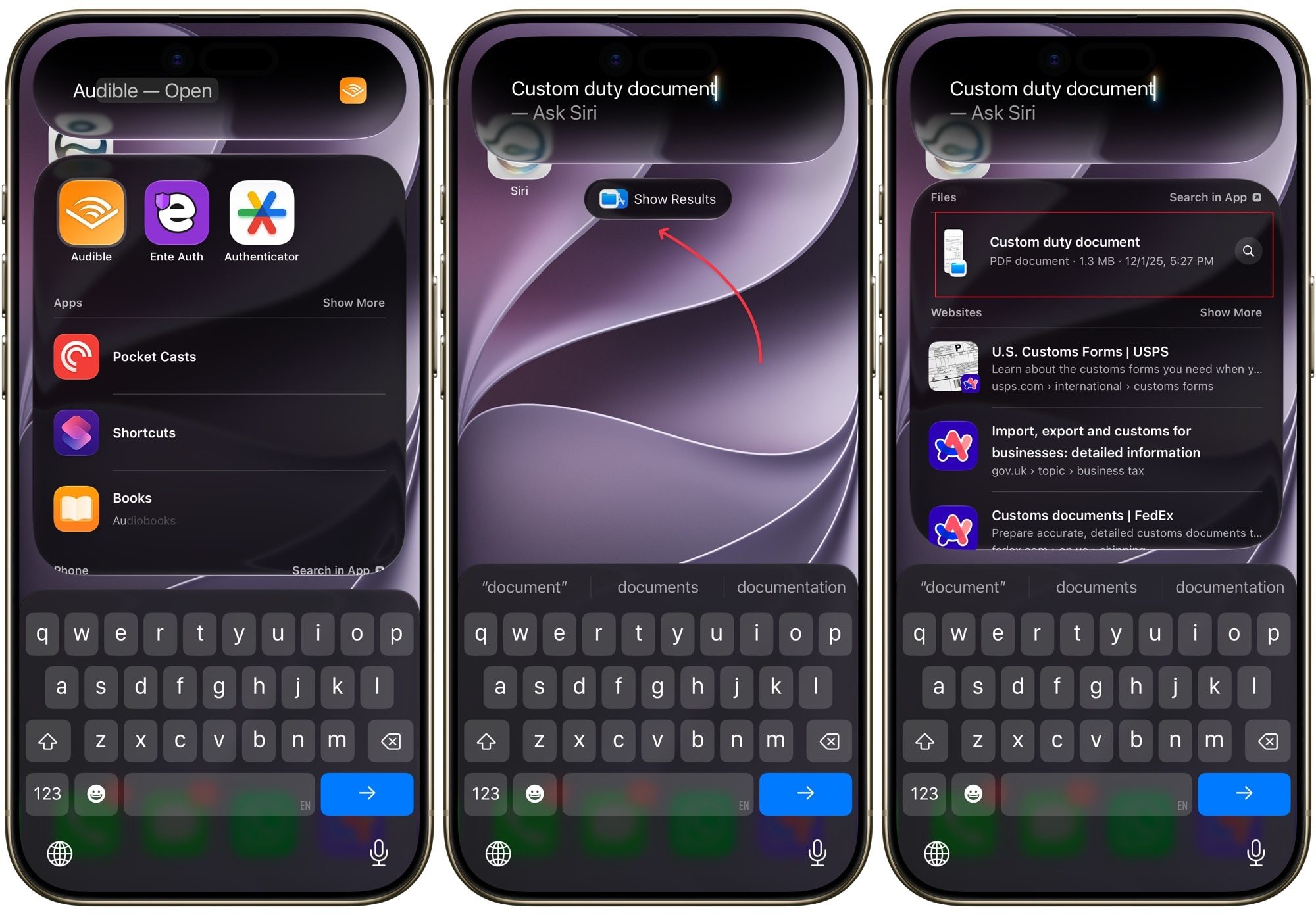Files and apps search using Siri