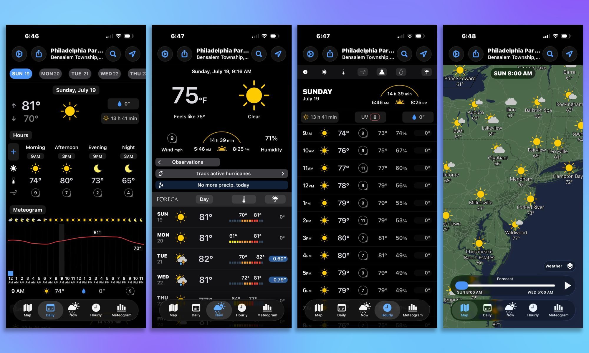 Foreca screenshots on gradient background