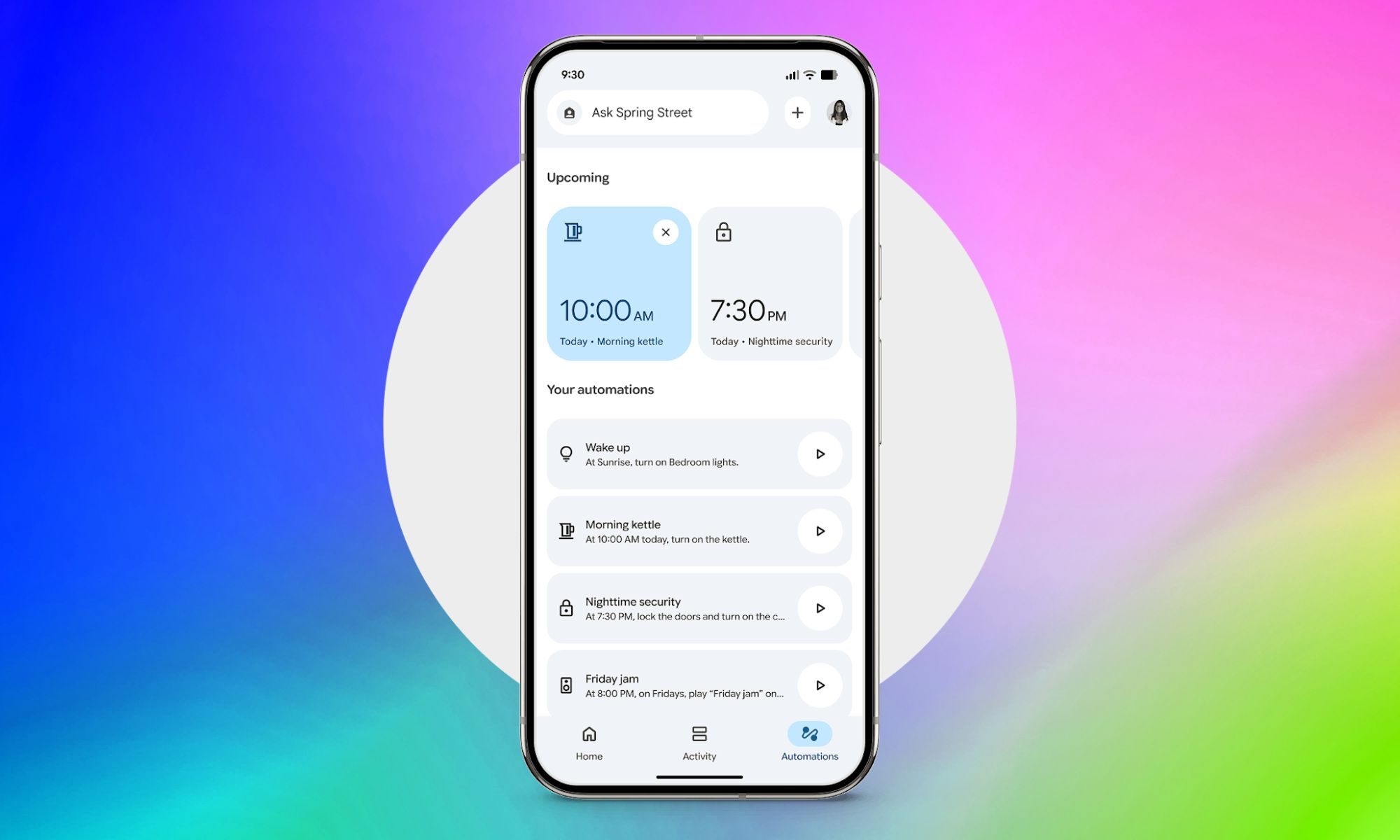 Google Home Automations tab screenshot on gradient background
