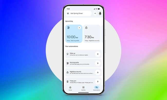 Google Home Automations tab screenshot on gradient background