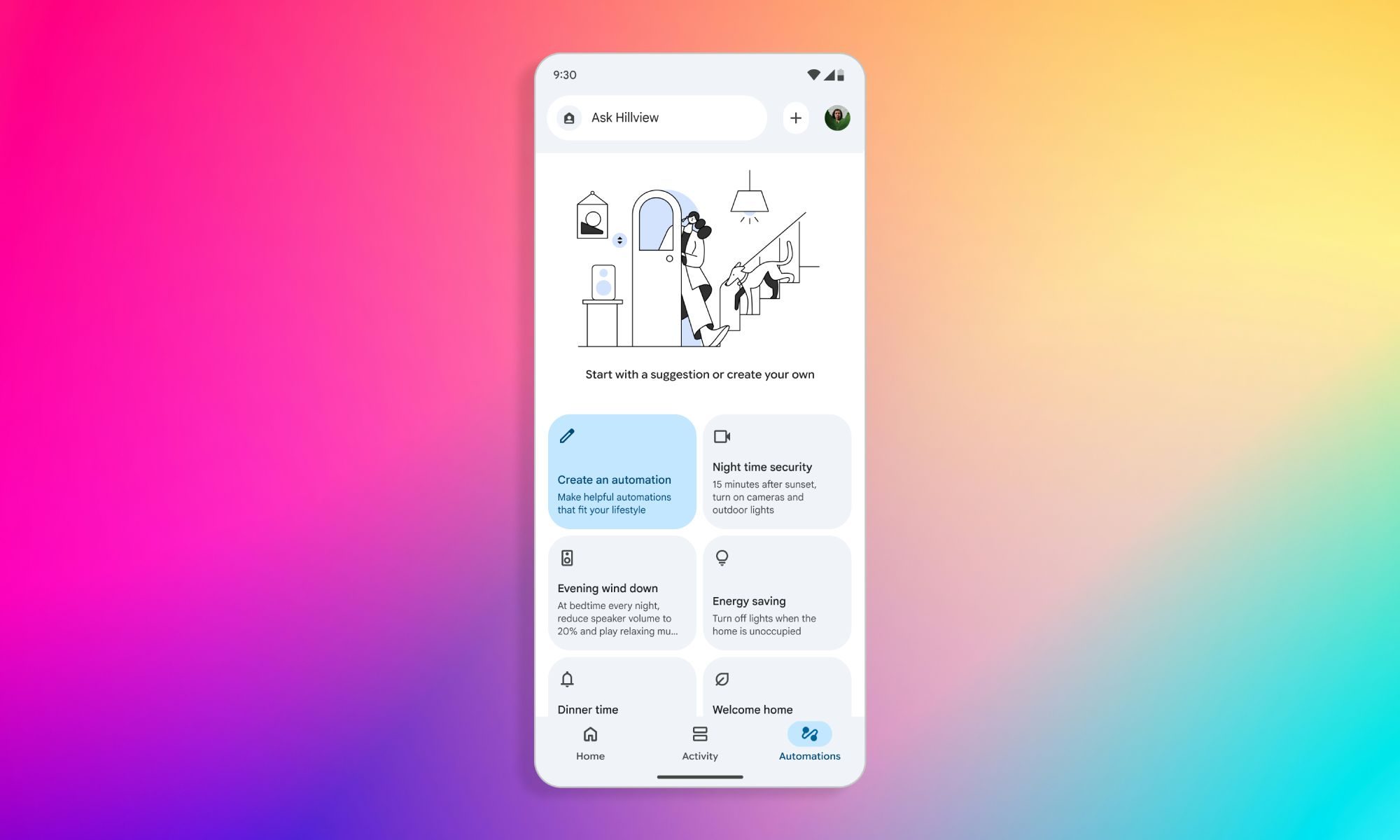 Google Home suggested automations screenshot on gradient background