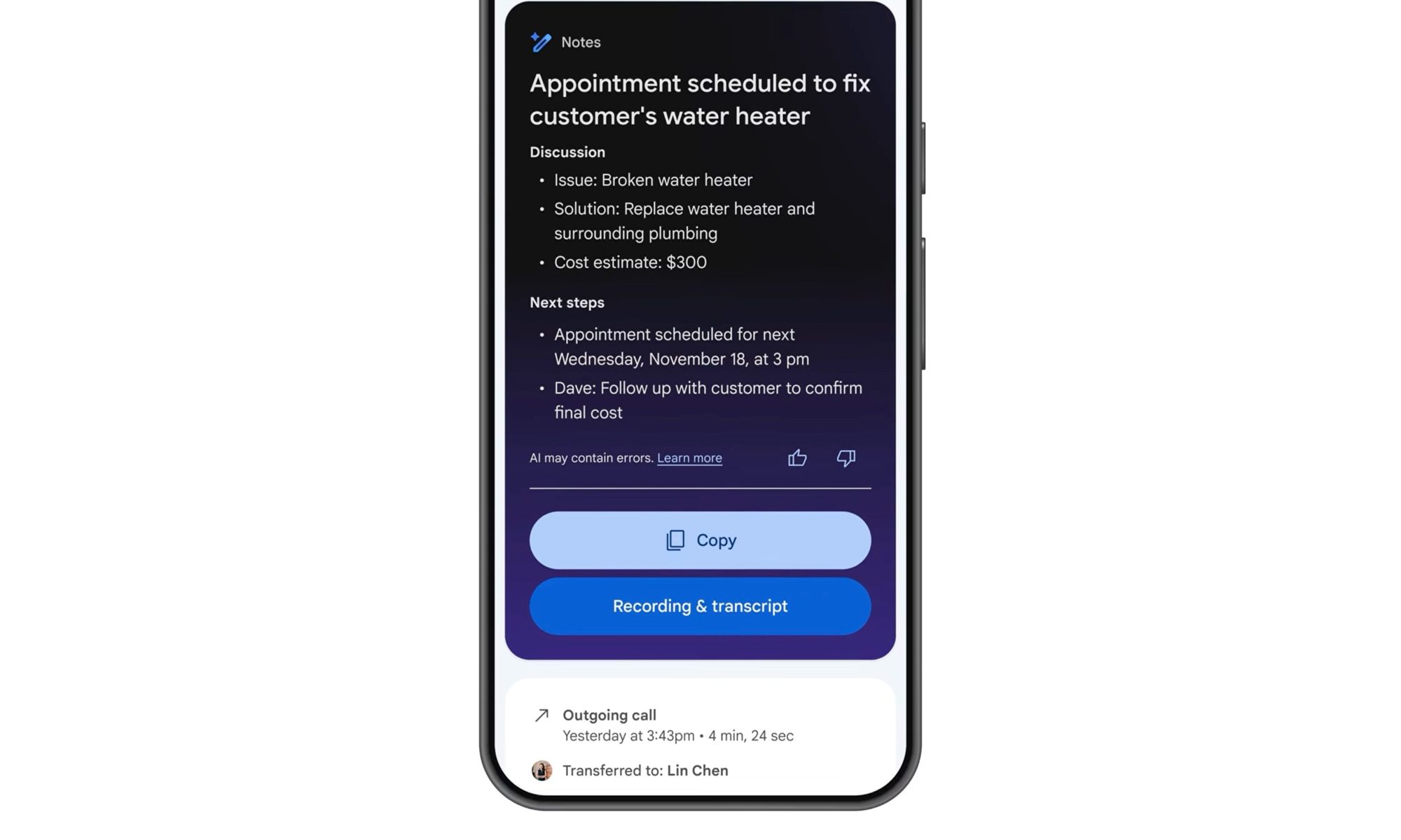 Google Voice Call notes