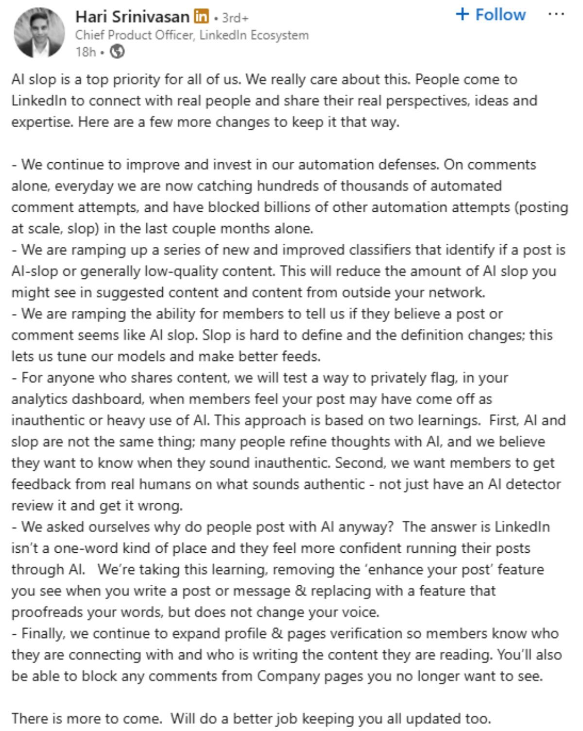 LinkedIn Hari Srinivasan post regarding AI slop