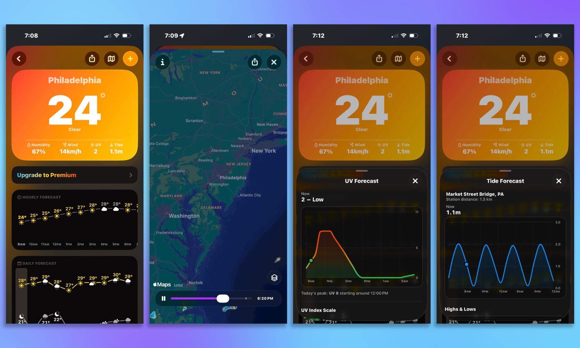 Mercury Weather screenshots on gradient background