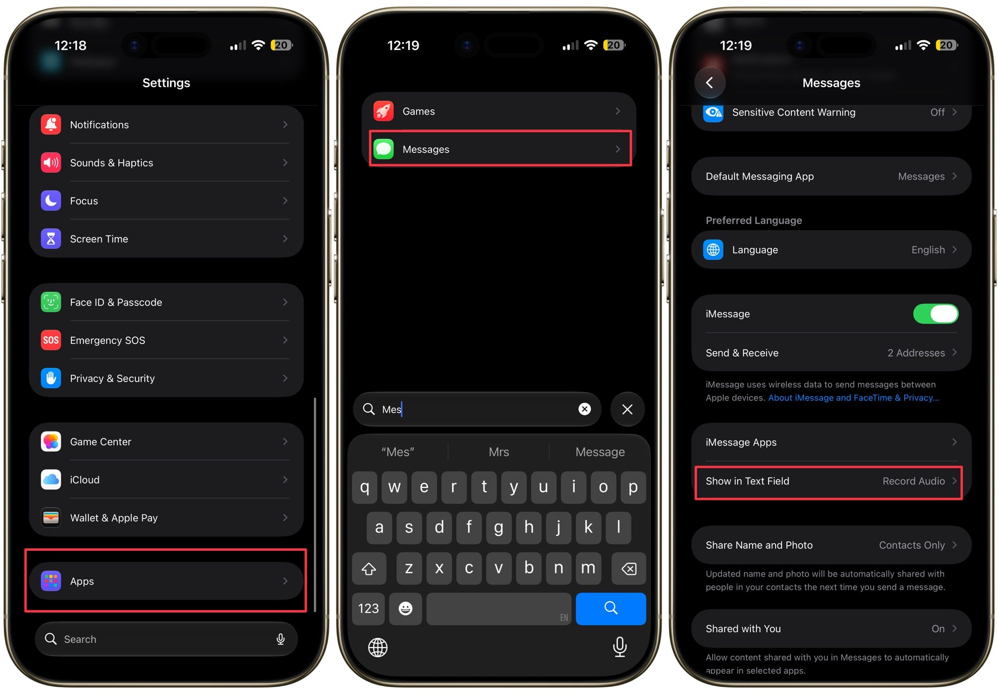 Opening Messages settings on iPhone