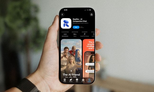 Replika AI companion app on an iPhone in hand