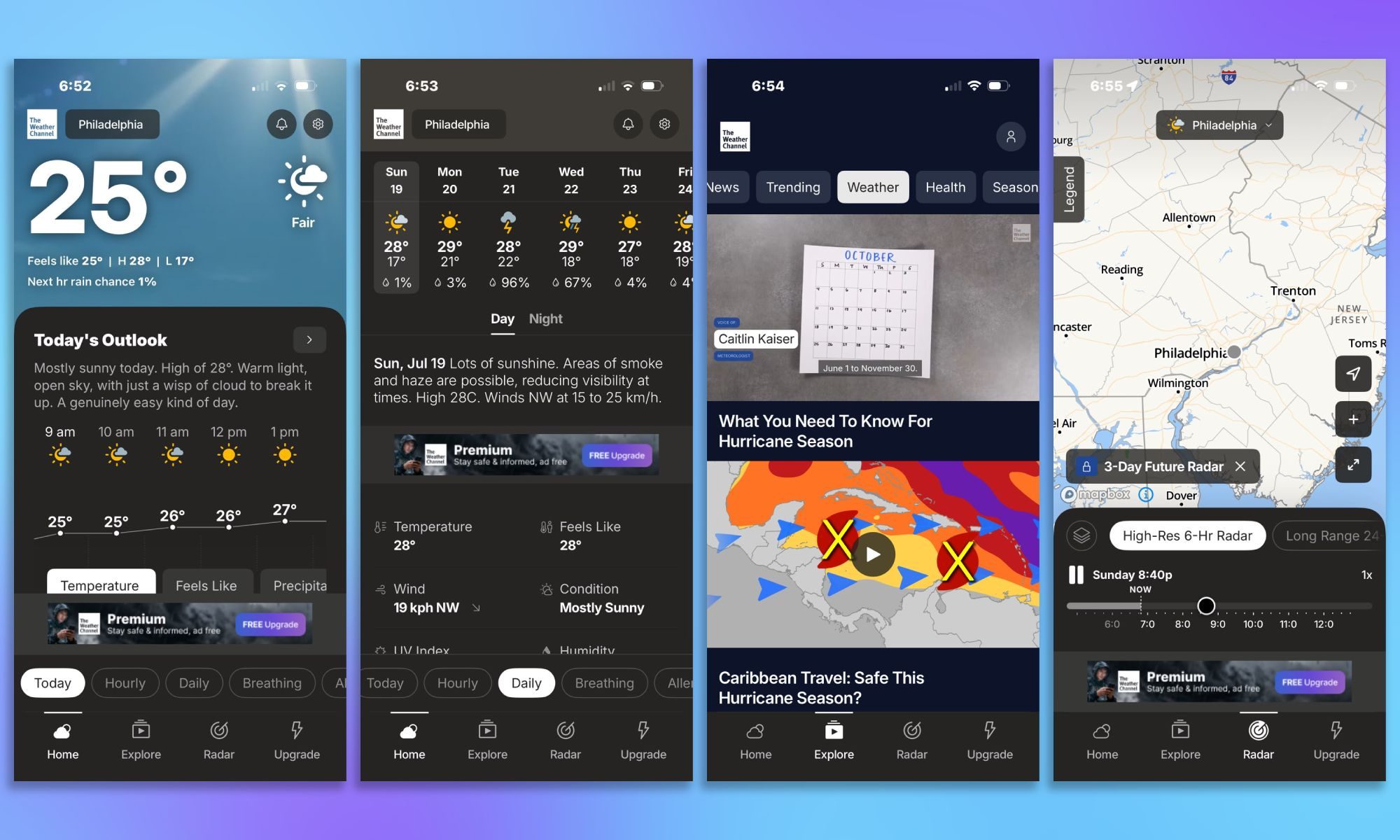 The Weather Channel screenshots on gradient background