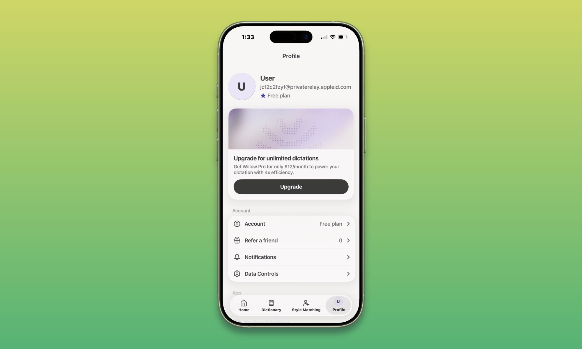 Willow app settings screenshot