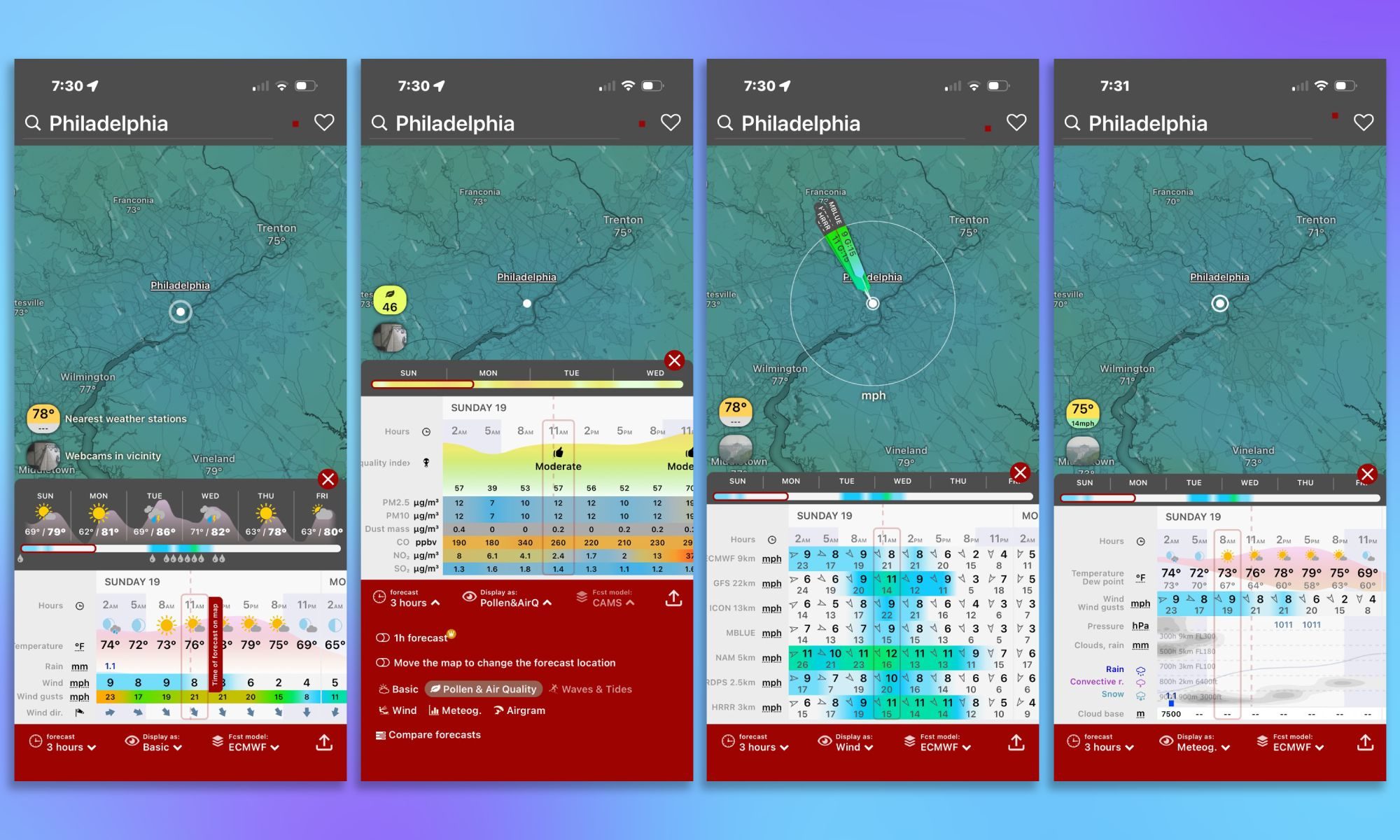 Windy.com screenshots on gradient background