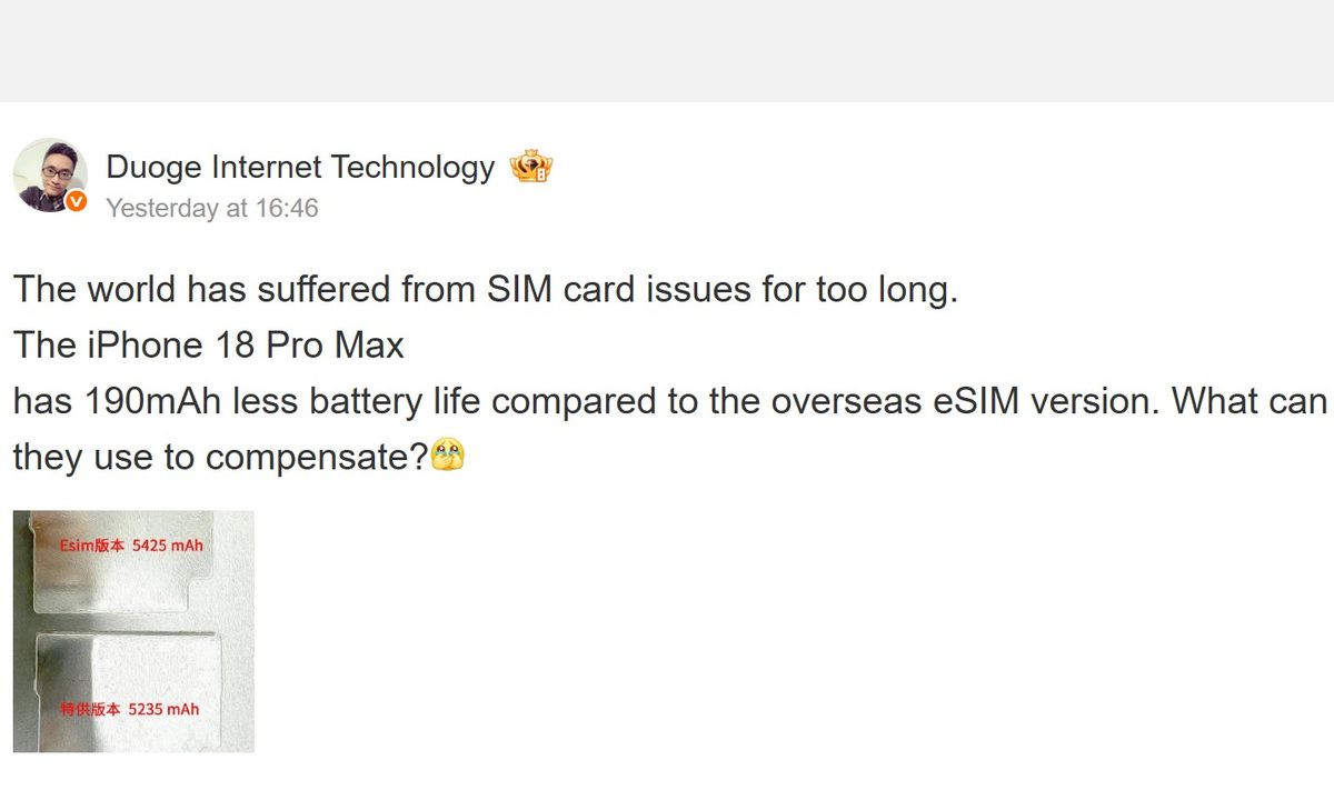 iPhone 18 Pro Max leak claims a battery capacity eclipsing the Samsung ...