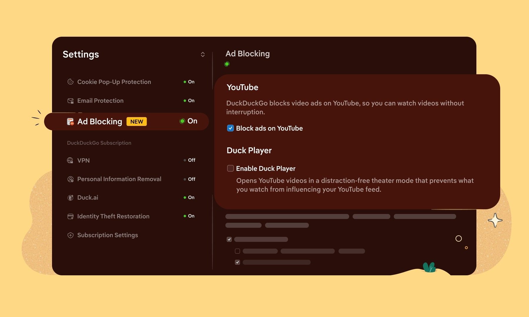 DuckDuckGo YouTube-Ad-Blocking option in browser UI