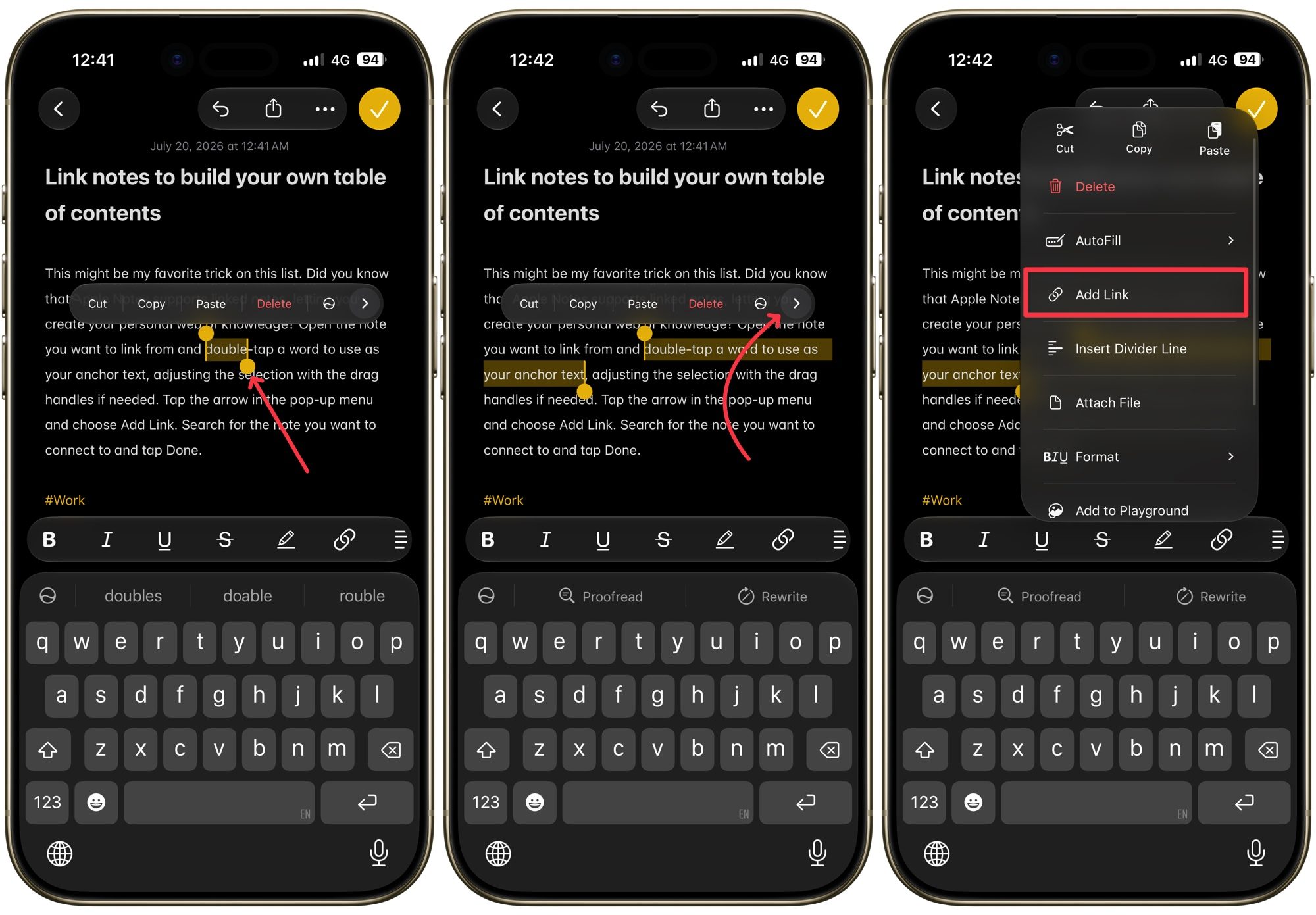 opening add link menu in Apple Notes