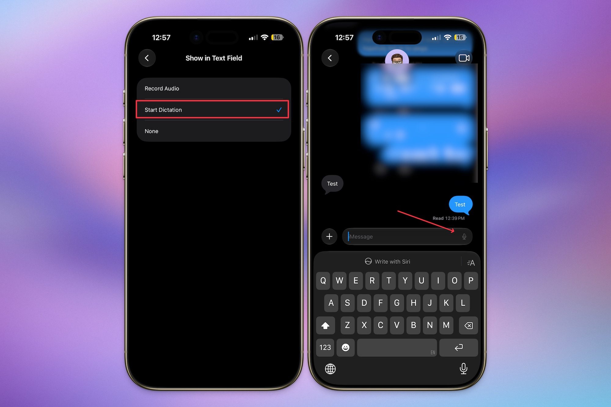 replacing record with dictation button in messages in iOS 27