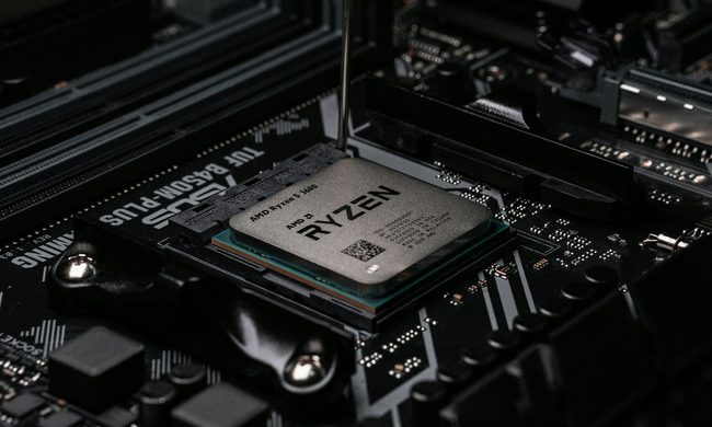 AMD Ryzen CPU inside a socket installed on a motherboard