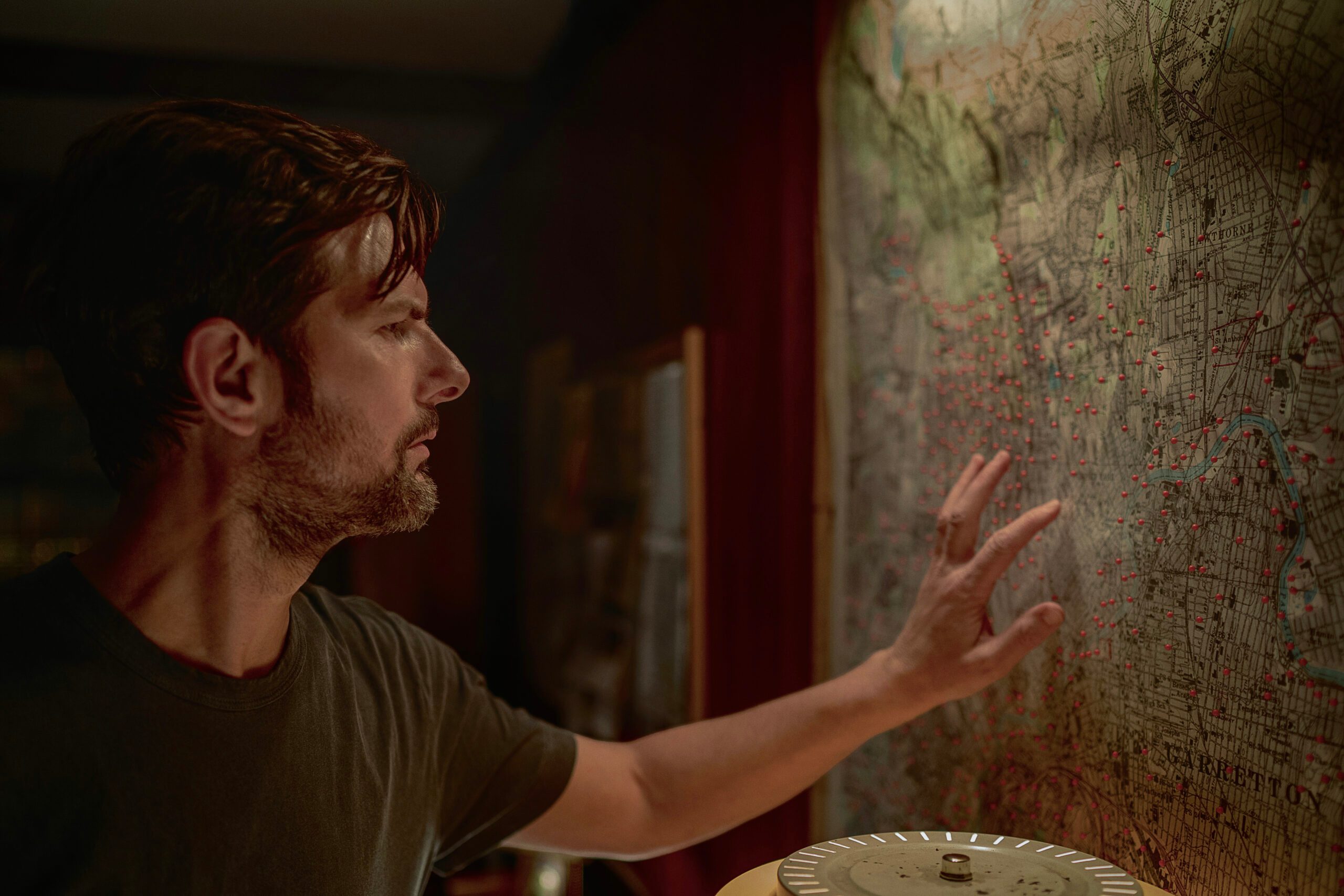 Adam Scott as Tom Kennedy in The Whisper Man.