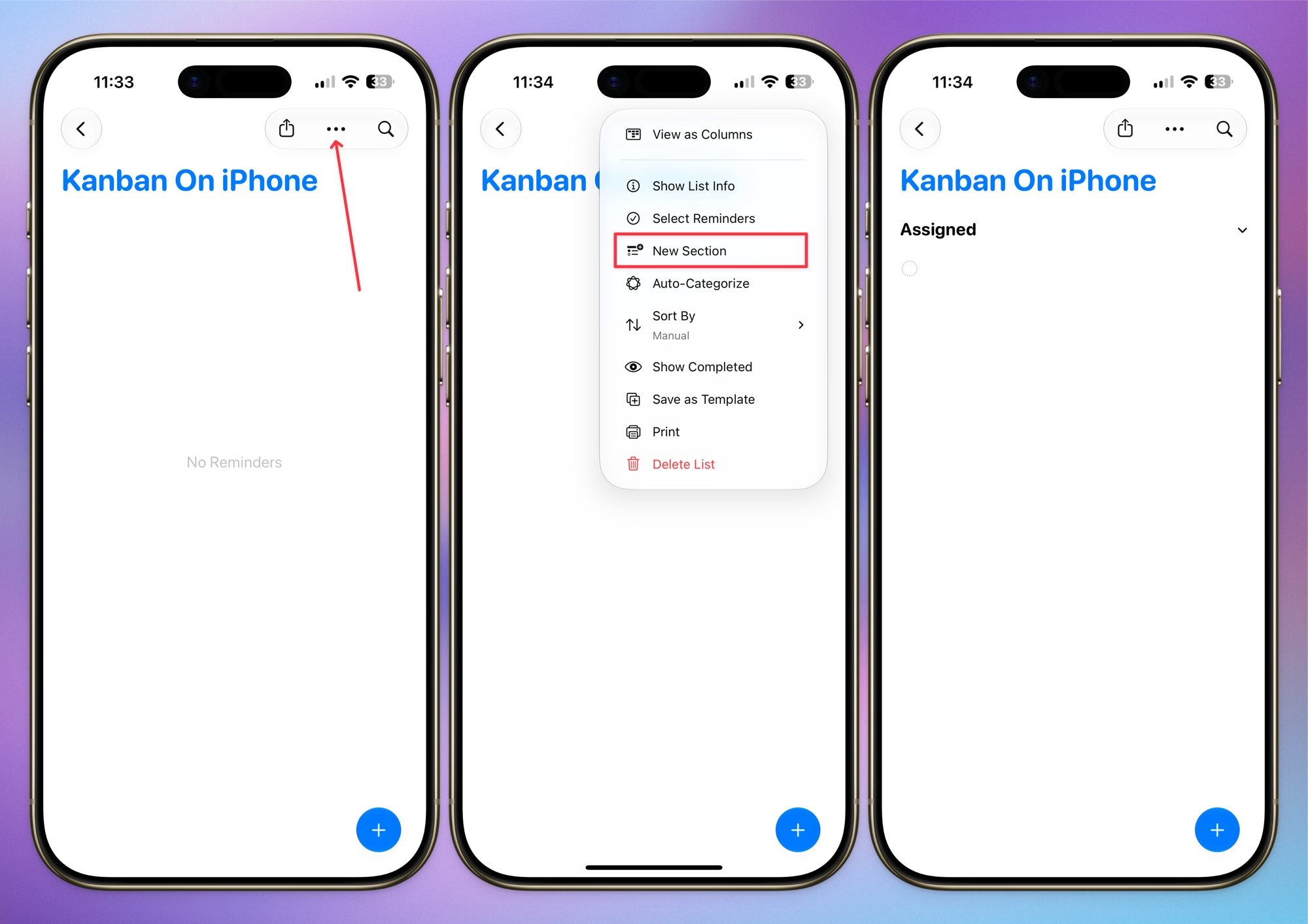 Adding a new section in apple reminders list