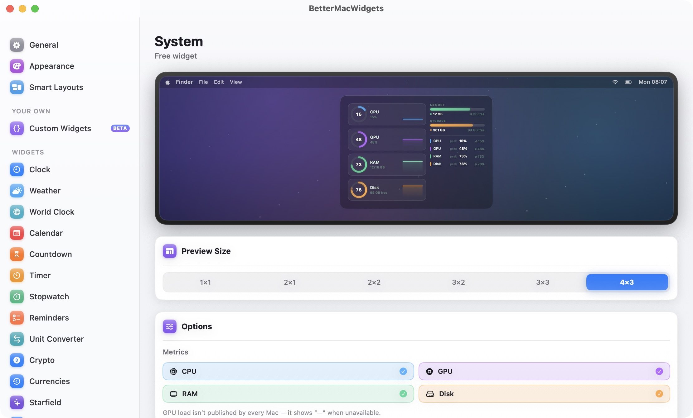 BetterMacWidgets widget sizes