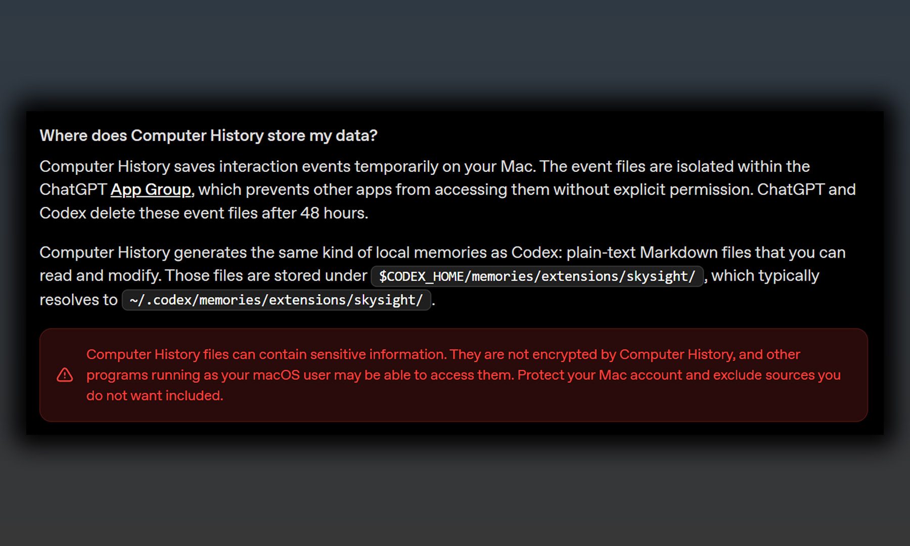 ChatGPT Computer History files on Mac aren't encrypted warning