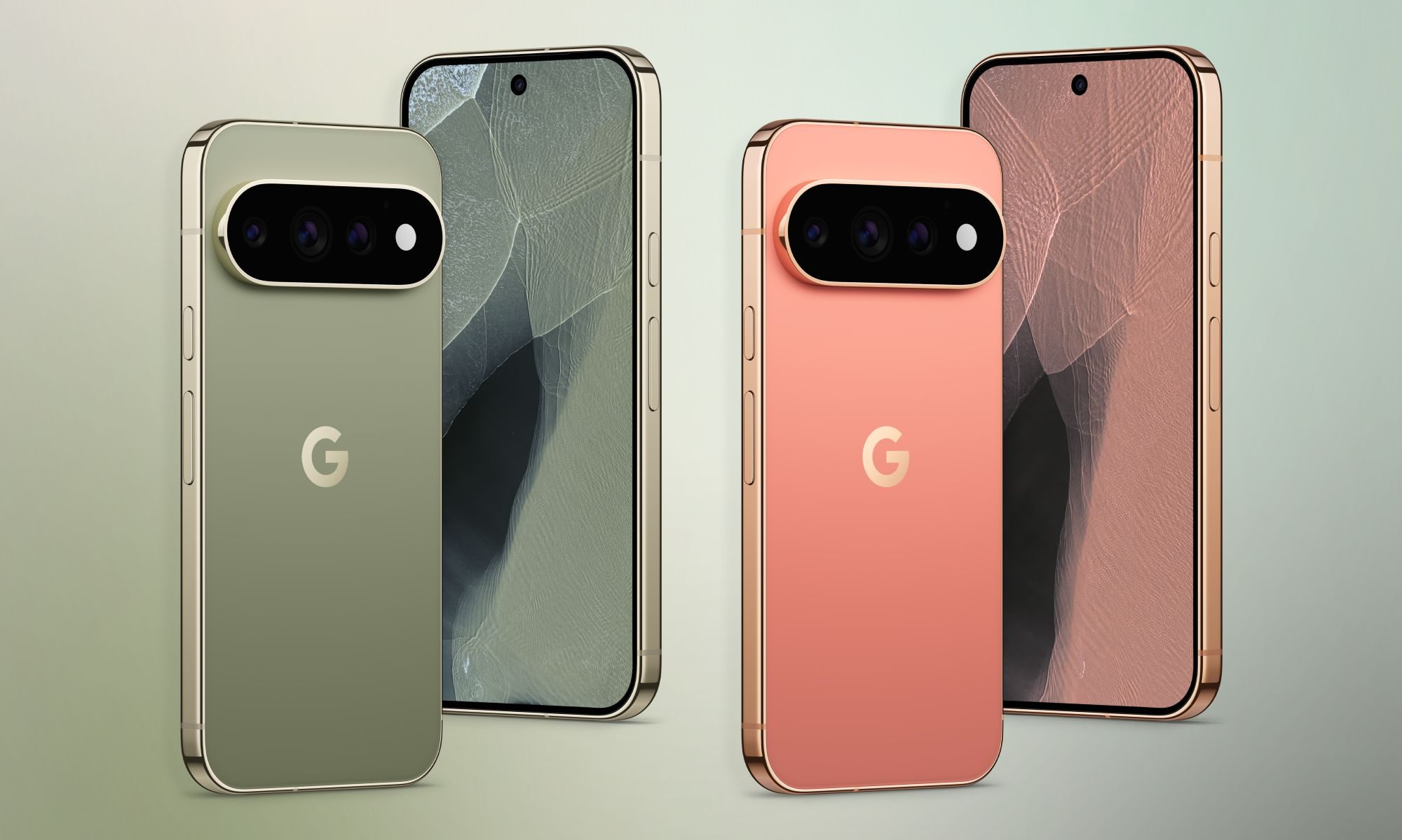 Pixel 11 Pro in new Olive and Canyon colors on gradient background