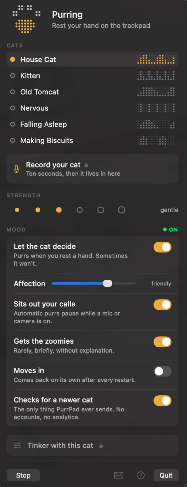 PurrPad settings screenshot