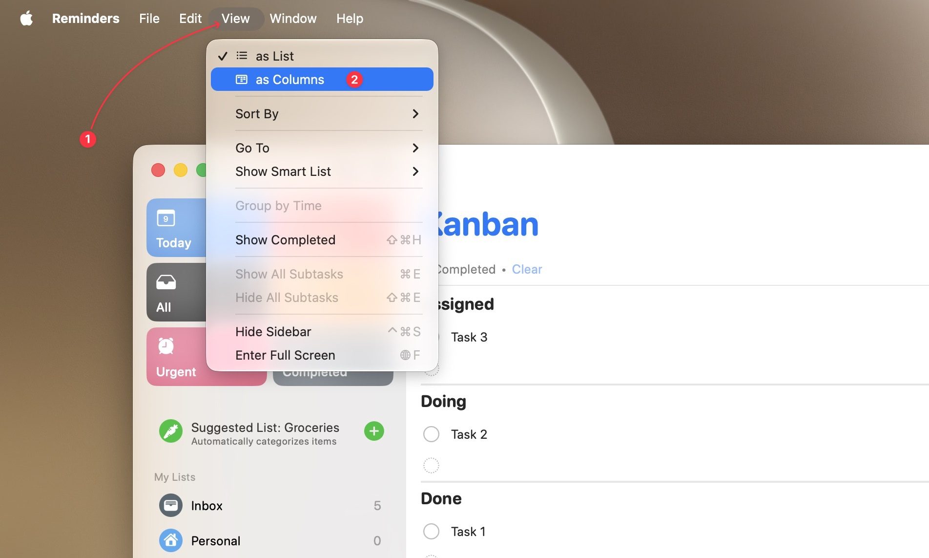 Switching to column view in reminders