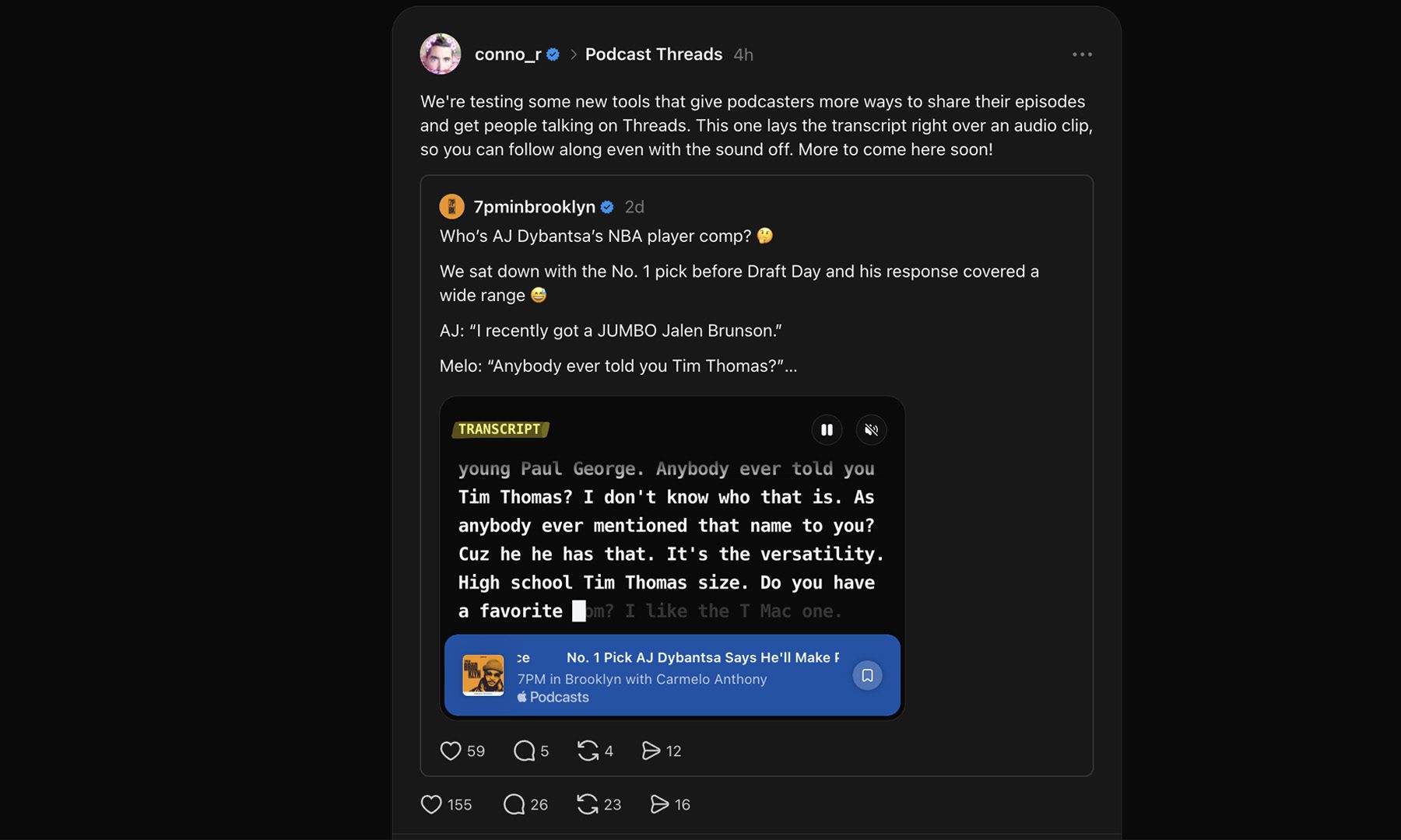 Threads head Connor Hayes showing off Threads podcasts transcript feature