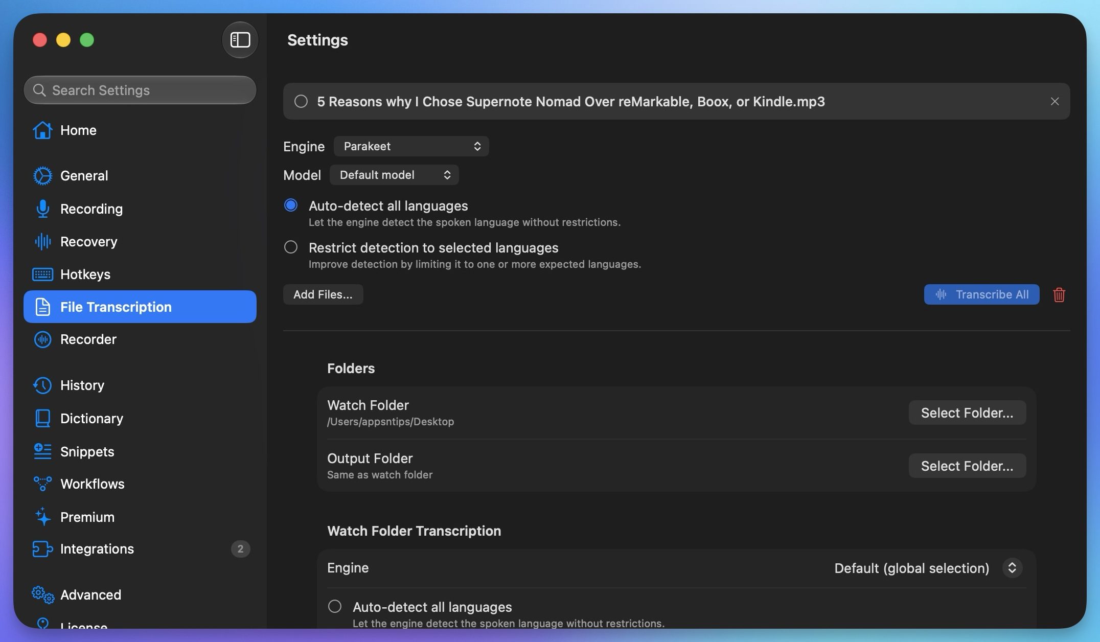 TypeWhisper transcribe audio feature