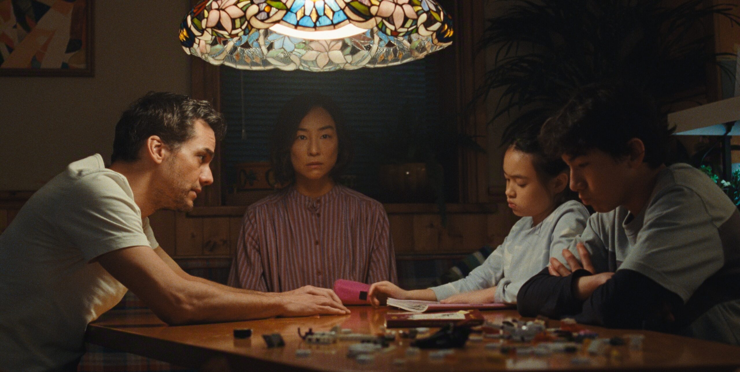 Wagner Moura, Greta Lee, Riley Chung, and Noah Alexander Sosnowski in The Last House.