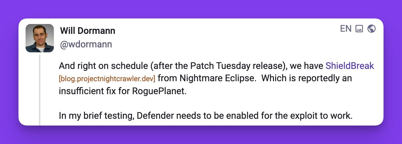 Will Dormann post confirming that exploit works