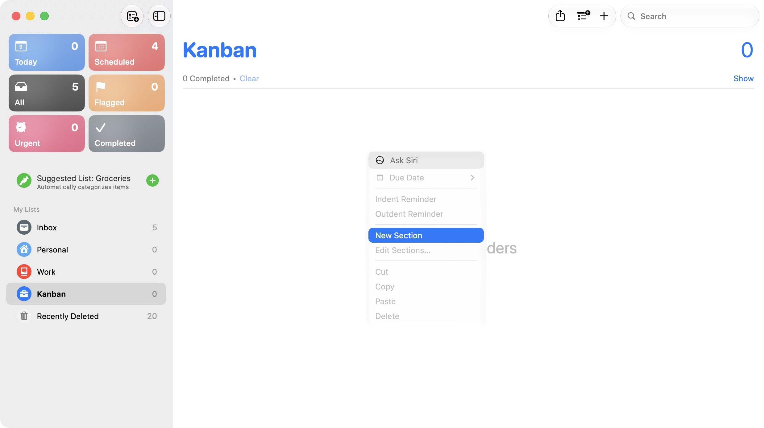 adding sections in reminders