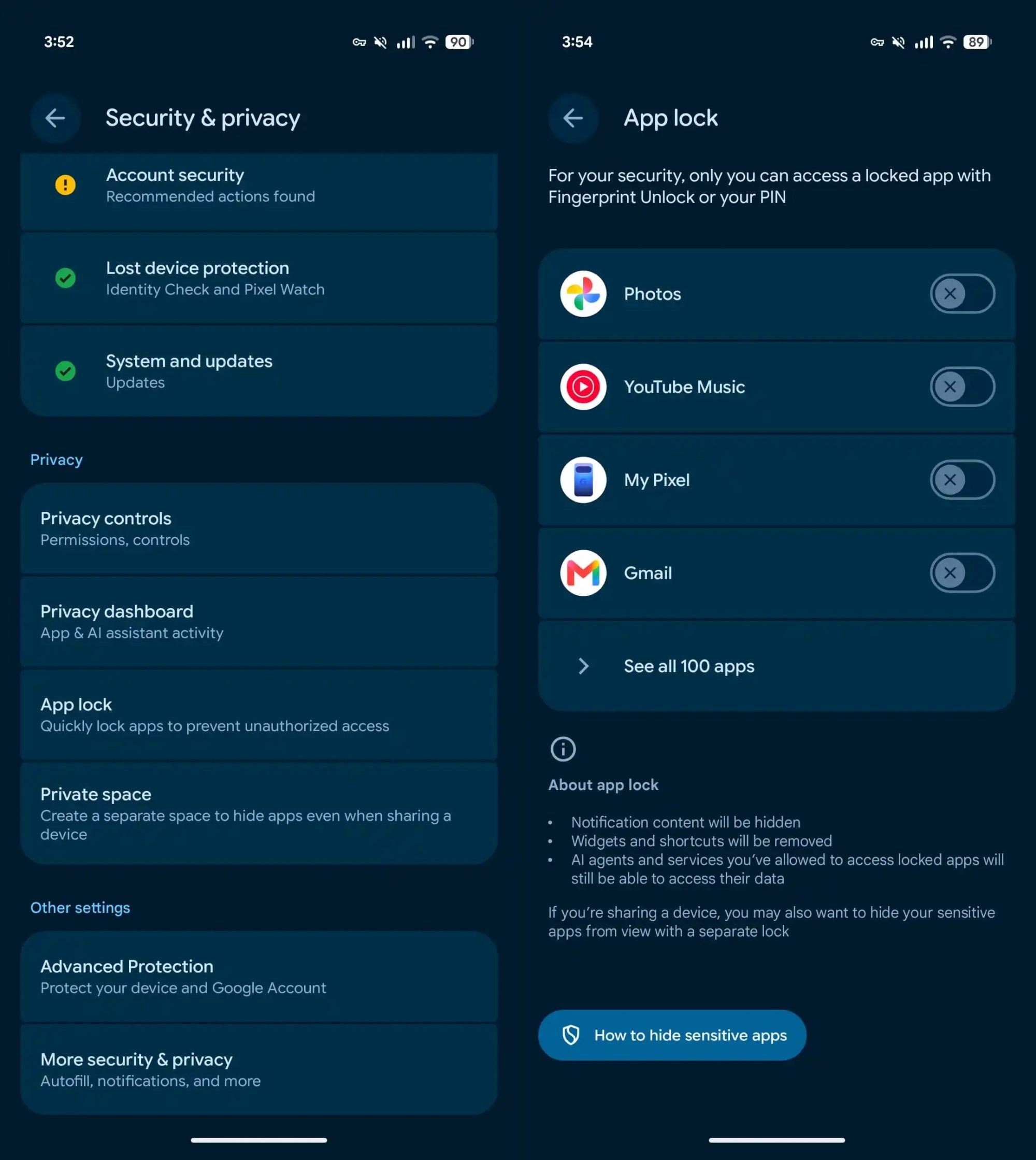 app lock settings option in Google Pixel