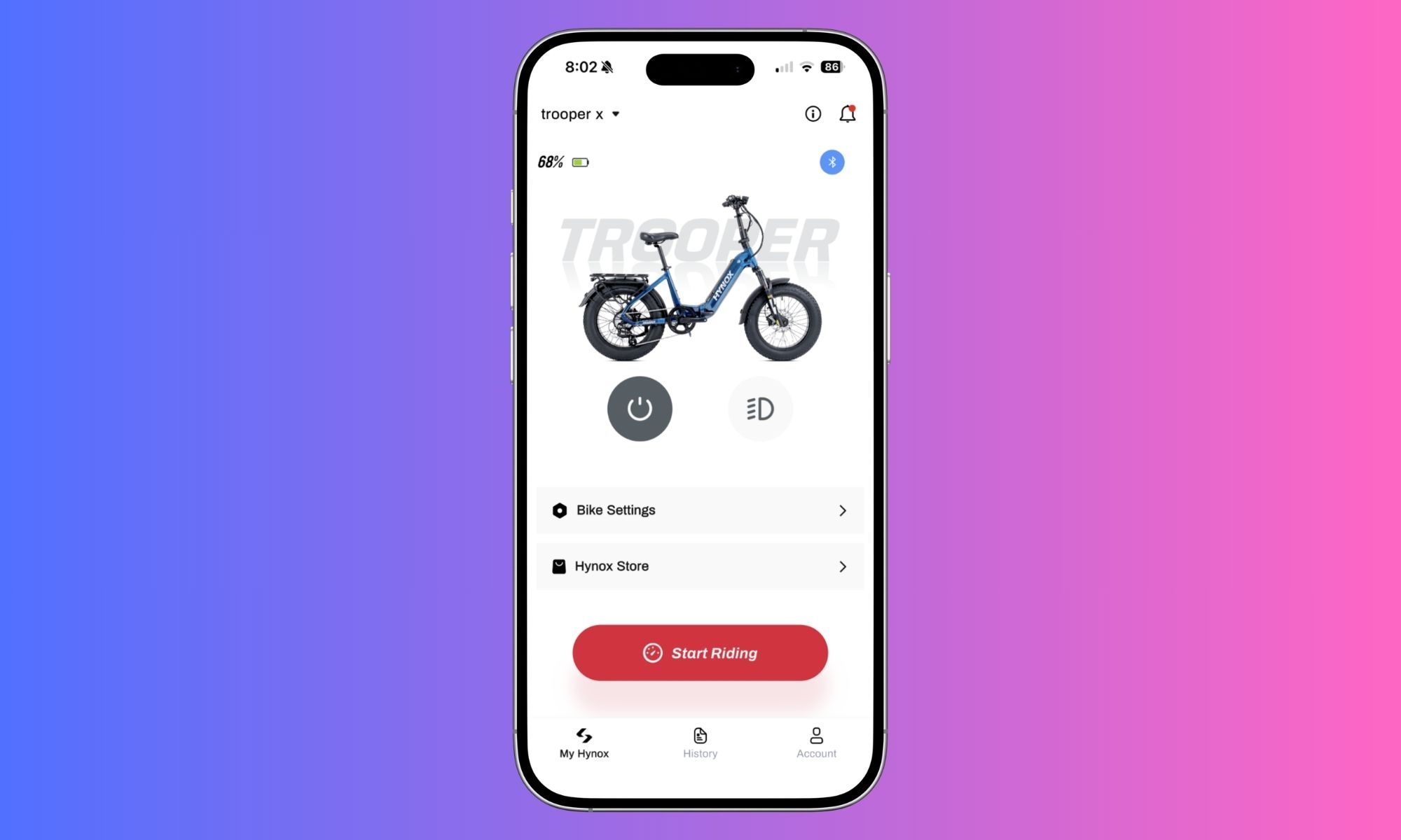 Hynox Trooper X Ebike software on mobile.