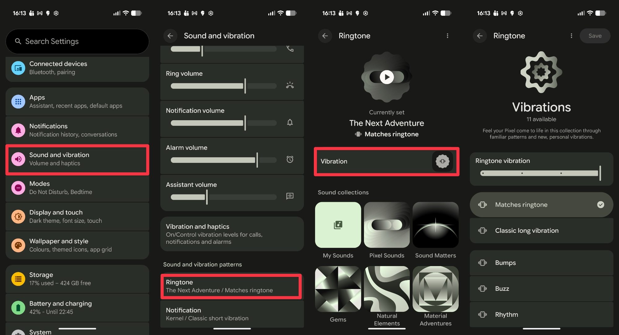 turning on custom vibrations on Pixel 11