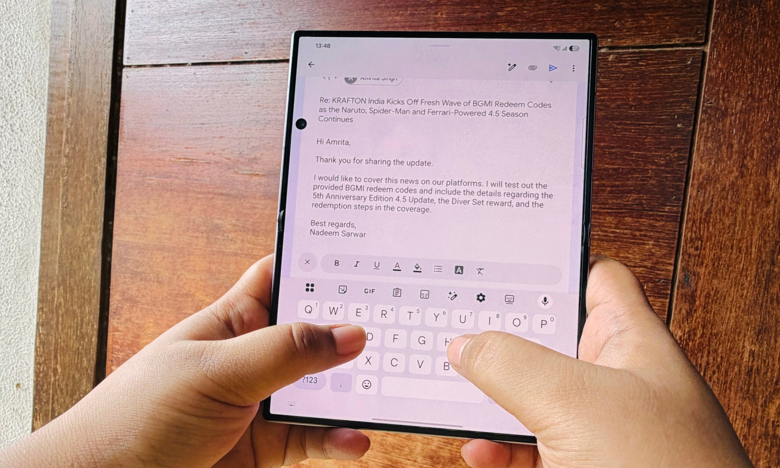Typing emails on Galaxy Z Fold 8.