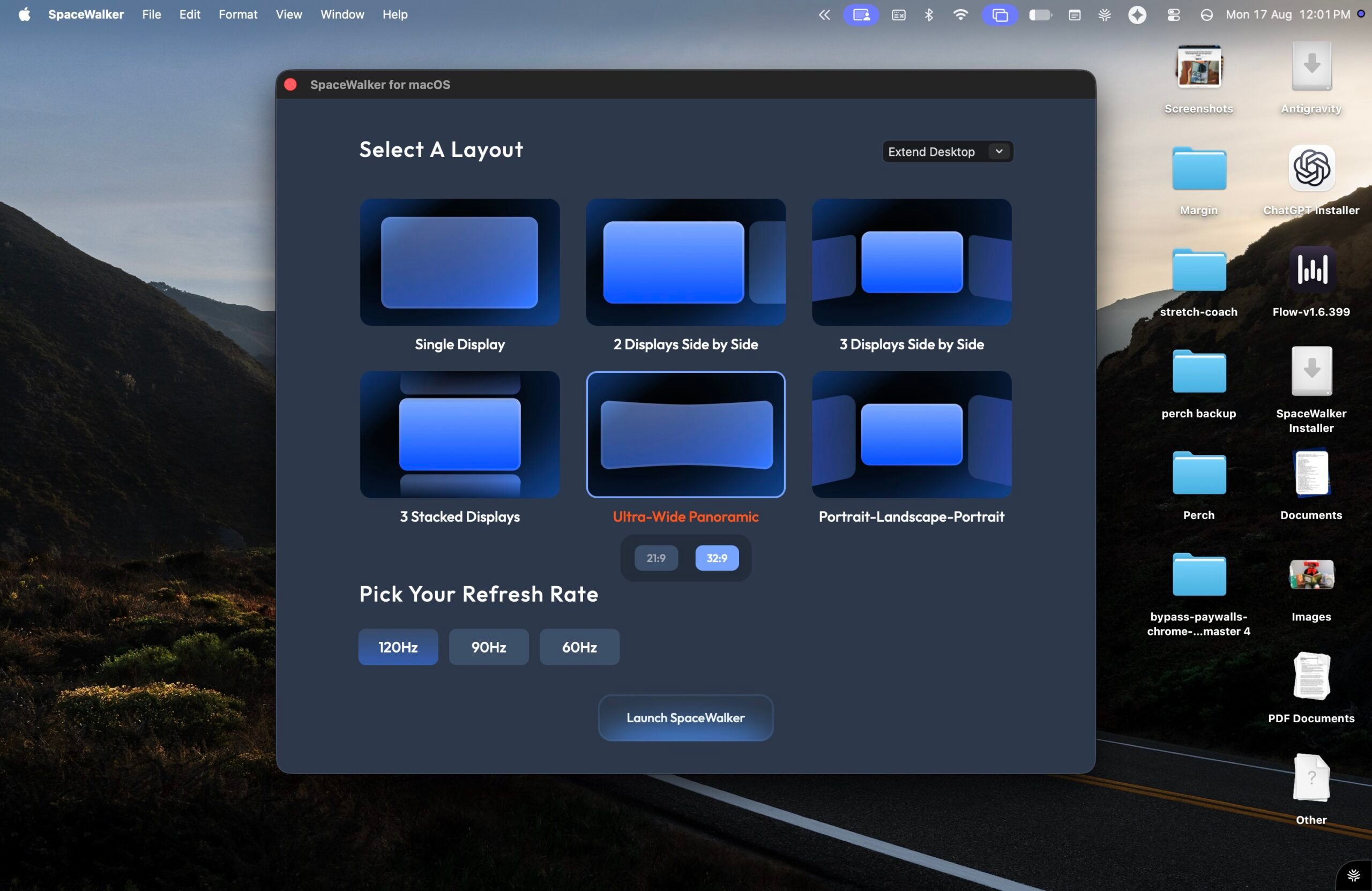 Interface of Viture Pro 2 glasses on MacOS