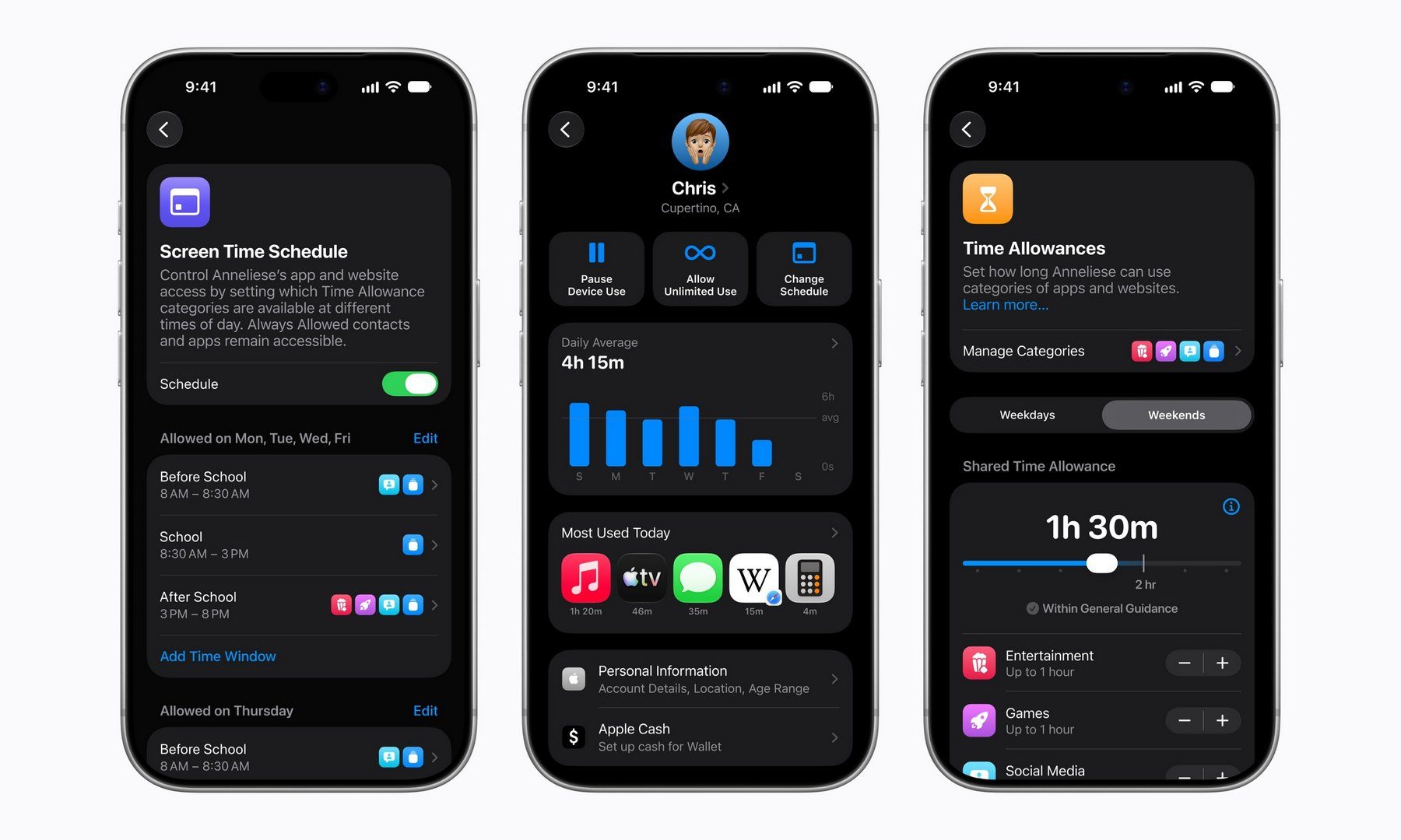 Apple Screen Time interface showing Time Allowances for Entertainment, Games, and Social Media, along with controls for managing app and web access for children.