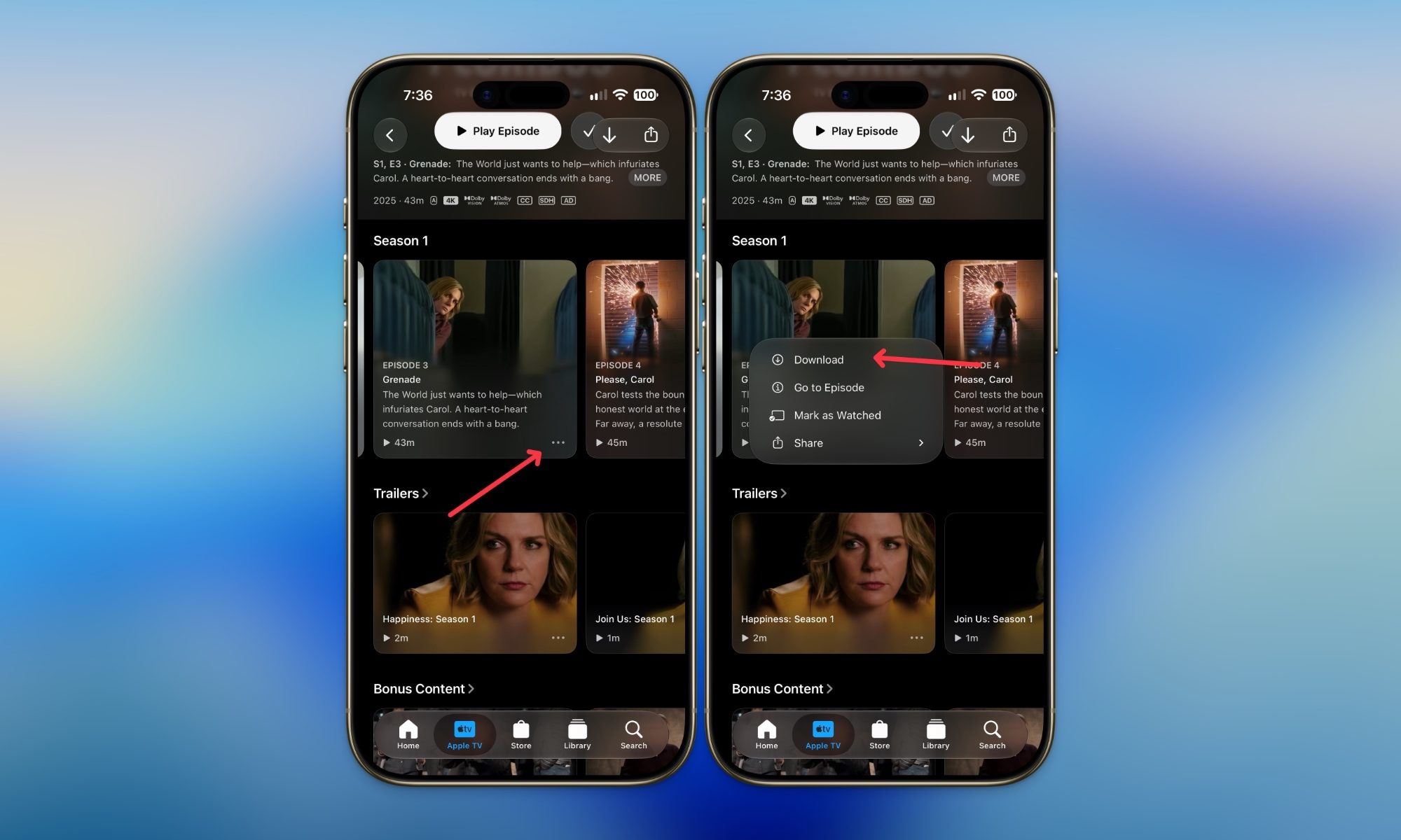Downloading individual episodes on Apple TV on iPhone