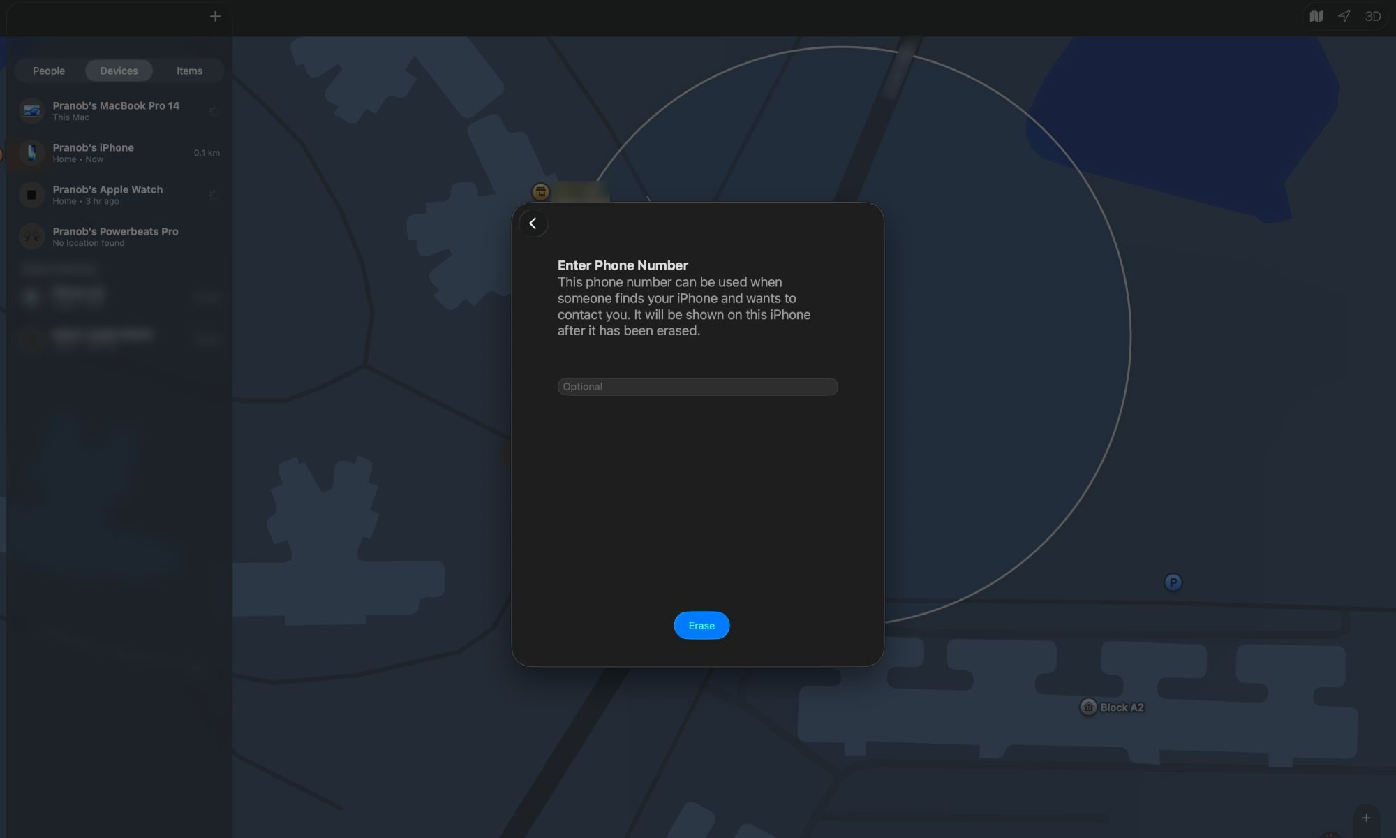 Find My app on Mac showing Enter Phone Number pop-up