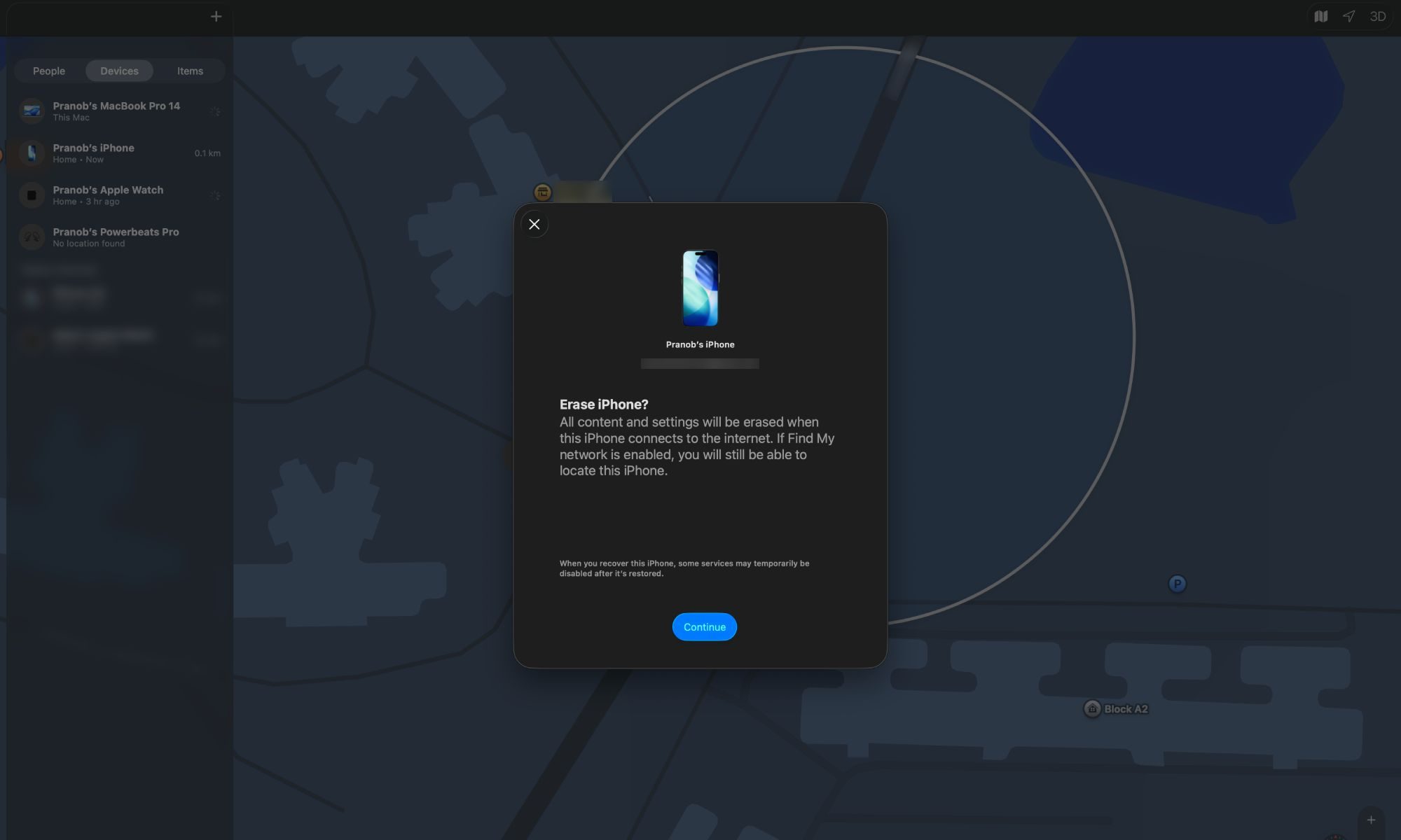 Find My app on Mac showing Erase iPhone pop-up