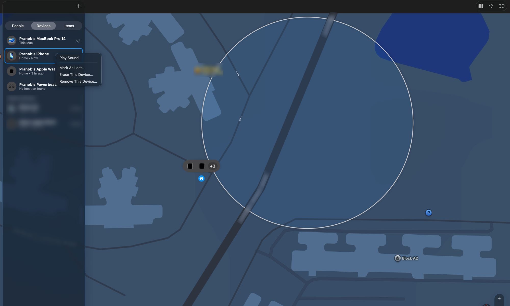 Find My app on Mac showing Erase option on selected iPhone