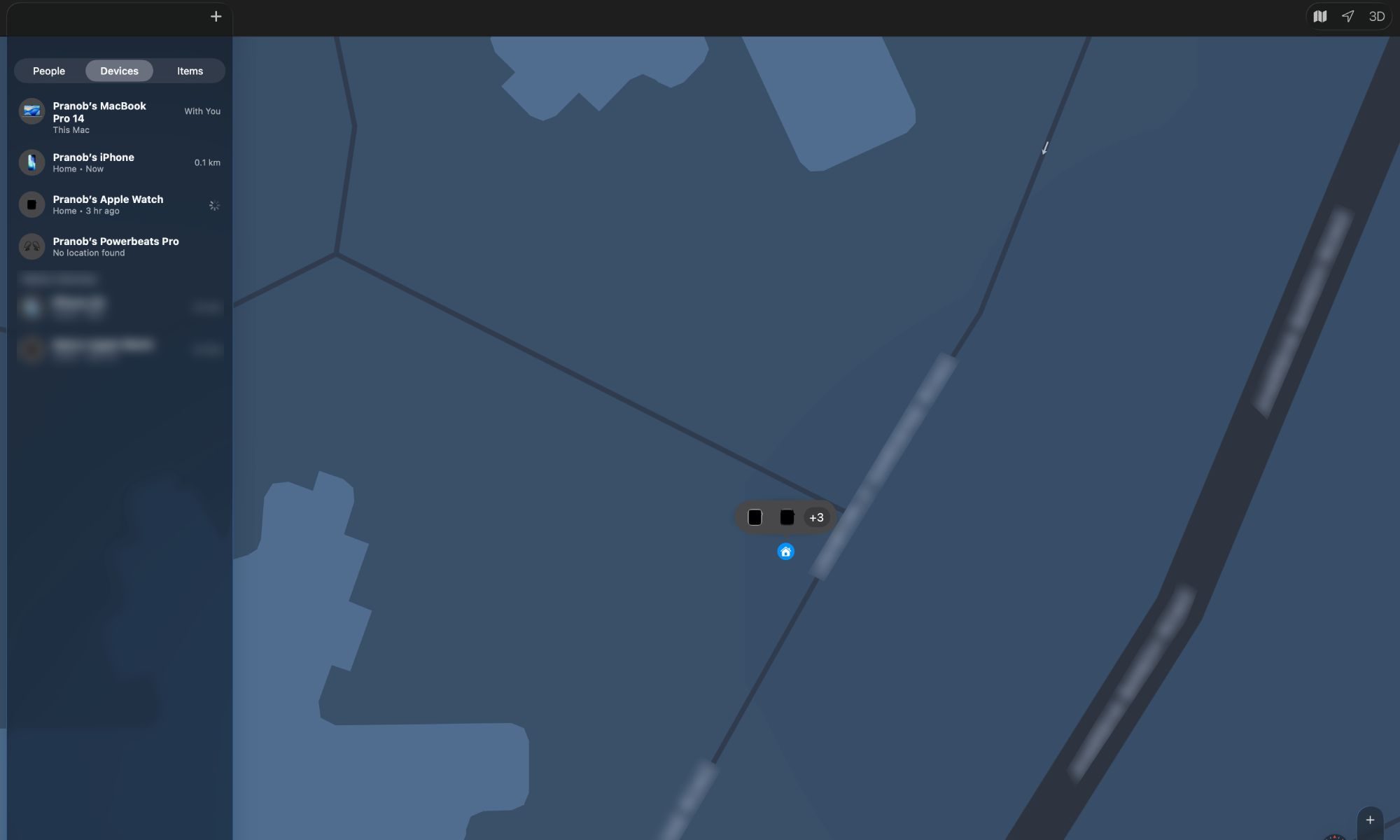 Find My app on Mac showing connected devices