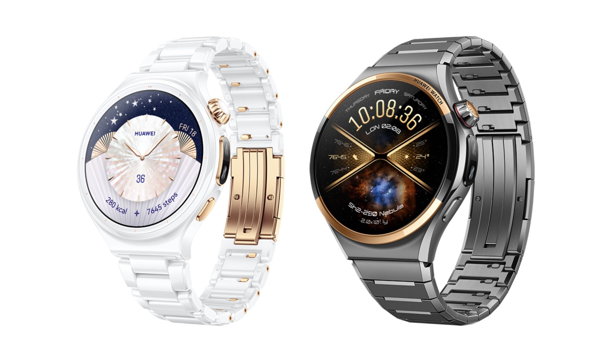 Huawei Watch 6 series all-ceramic and black and gold on white background