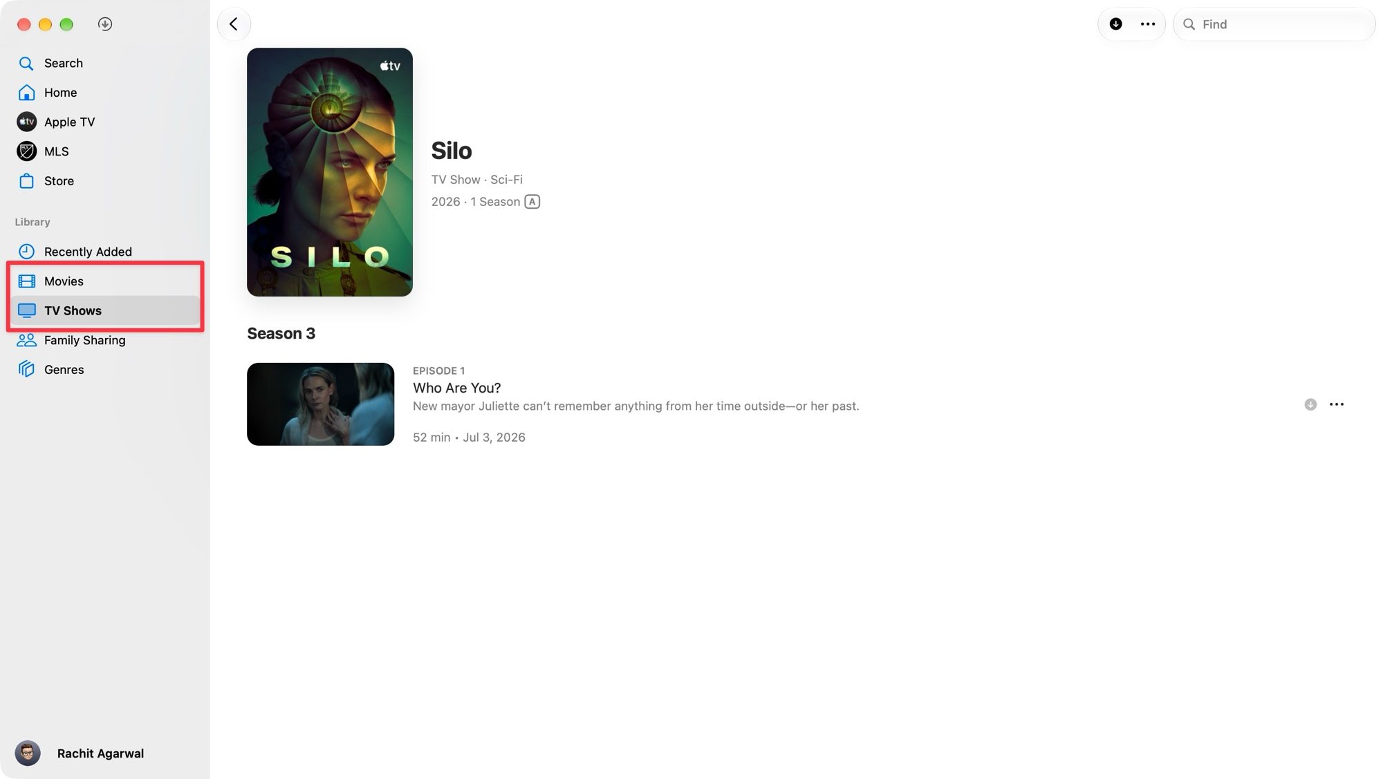 Library section showing downloaded shows