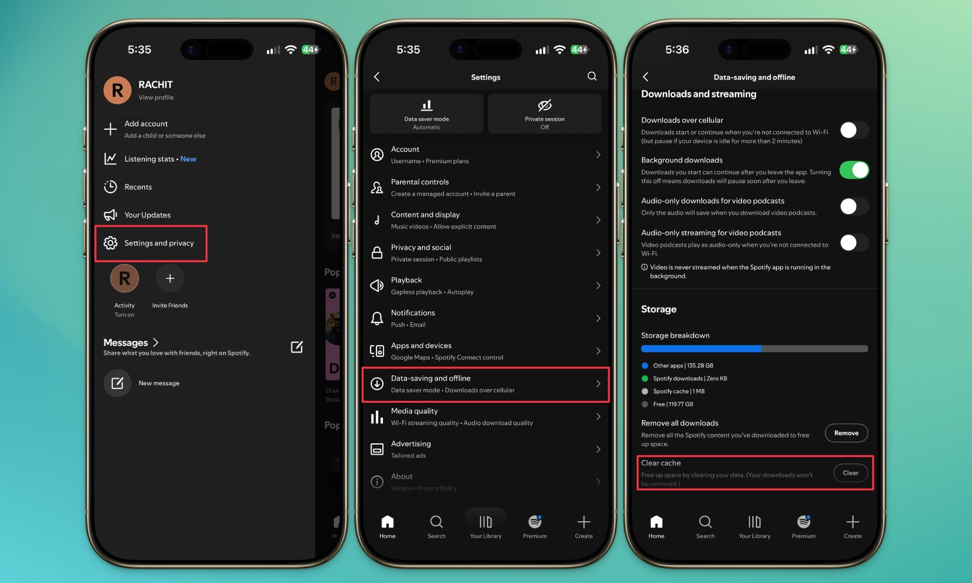 Screenshots showing steps to clear spotify cache