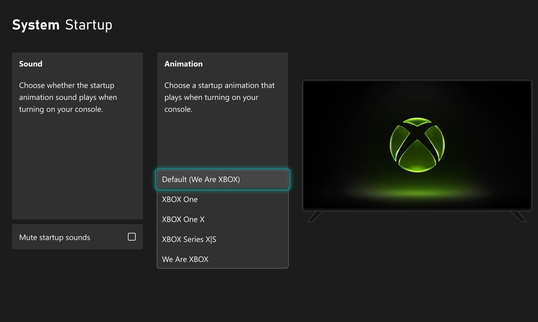 Xbox console startup animation selection screen showing multiple boot animation options for Series X and Series S.