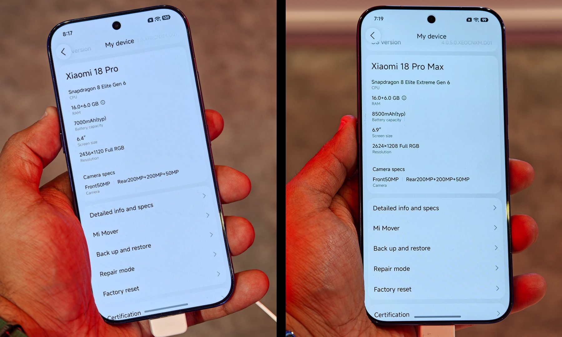Xiaomi 18 Pro and Xiaomi 18 Pro Max hands with specifications specifications