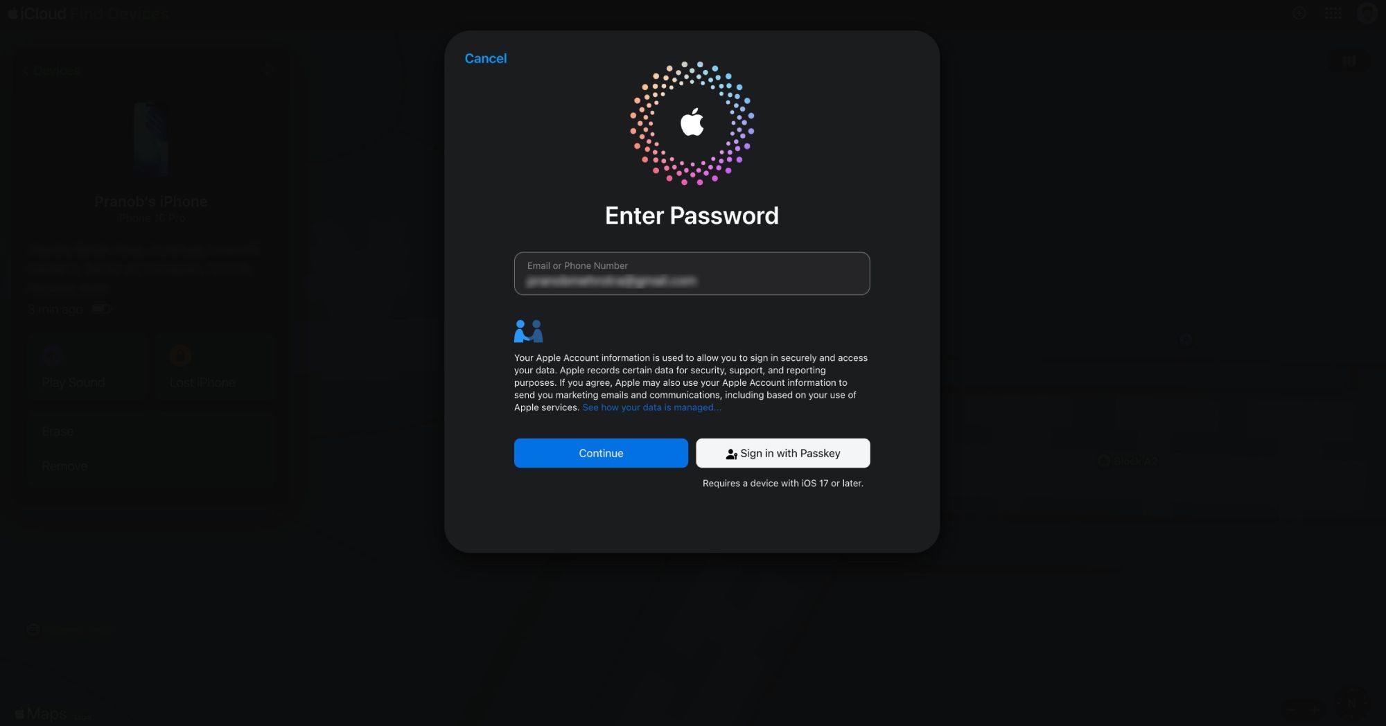 iCloud Find Devices screenshot showing Apple ID sign in prompt