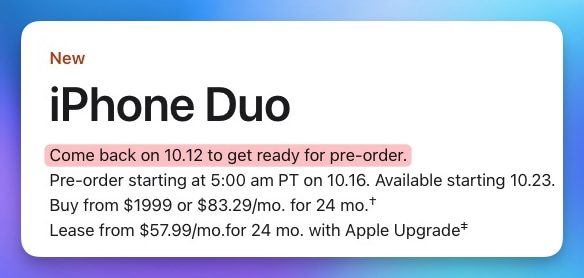 Хочете iPhone Duo у день запуску? Ви можете розпочати процес попереднього замовлення з 12 жовтня Хочете iPhone Duo у день запуску? Ви можете розпочати процес попереднього замовлення з 12 жовтня
